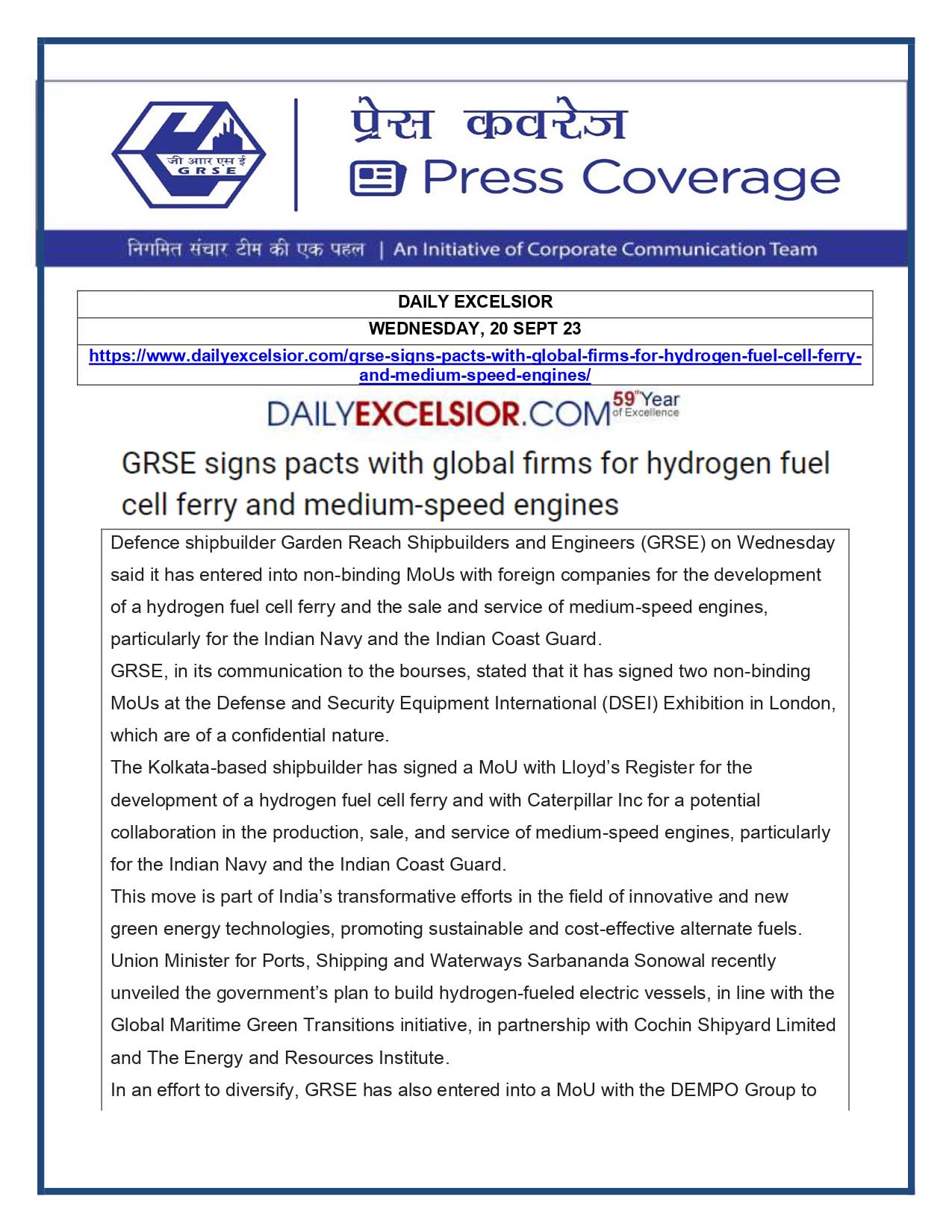 Press Coverage : Daily Excelsior, 20 Sep 23 : GRSE signs pact with Global firms for Hydrogen Fuel Cell Ferry and Medium-Speed Engines